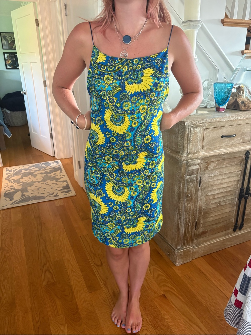 Vintage Handmade Patterned Open Back Cowl Neck Dress